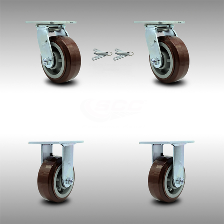 SERVICE CASTER 5 Inch SS Polyurethane Caster Set with Ball Bearings 2 Swivel Lock 2 Rigid SCC SCC-SS30S520-PPUB-BSL-2-R-2